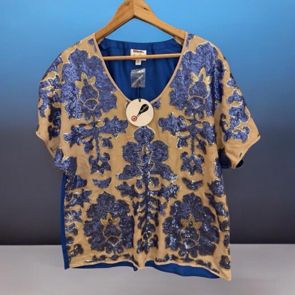 Neiman Marcus Tracy Reese Sequin Blouse Beige Blue XL